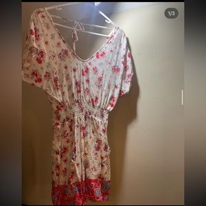 White/red floral romper with open back